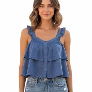 AMERICAN EAGLE Women’s Blue Sleeveless Ruffle Strap Tiered Boho Top Small